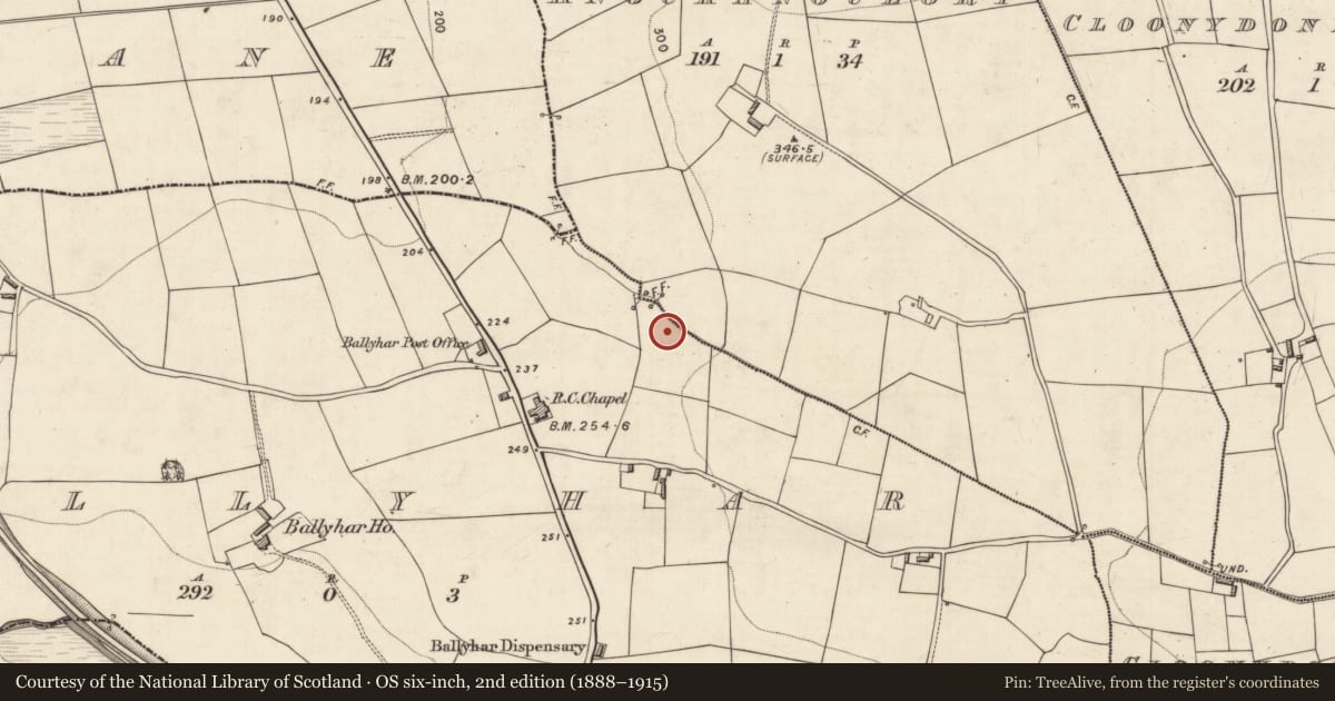 Ordnance Survey six-inch map, 2nd edition (1888–1915) covering the location of Ringfort - rath, Ballyhar, County Kerry, with a pin at the register's coordinates
