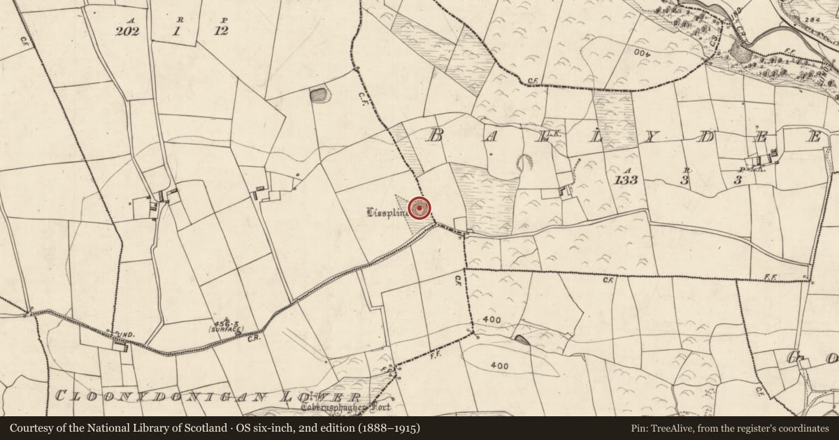 Ordnance Survey six-inch map, 2nd edition (1888–1915) covering the location of Ringfort - rath, Cloonydonigan Upper, County Kerry, with a pin at the register's coordinates