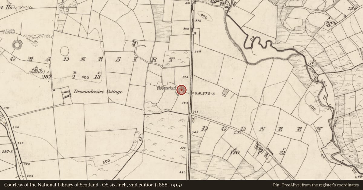 Ordnance Survey six-inch map, 2nd edition (1888–1915) covering the location of Ringfort - rath, Dromadeesirt, County Kerry, with a pin at the register's coordinates