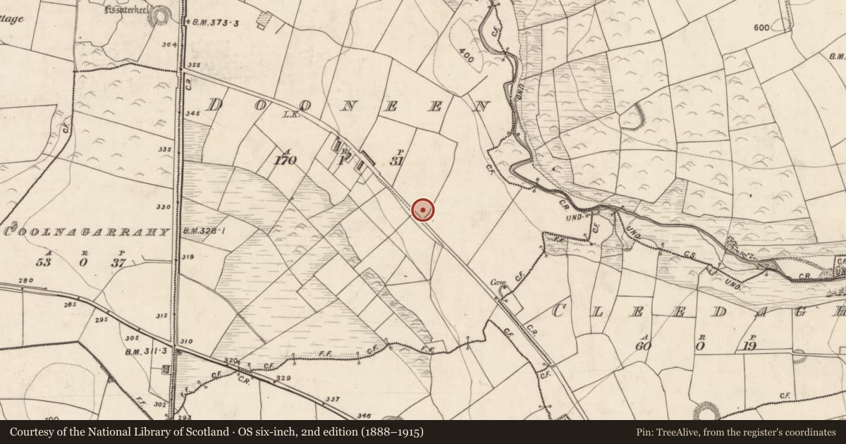 Ordnance Survey six-inch map, 2nd edition (1888–1915) covering the location of Ringfort - rath, Dooneen, County Kerry, with a pin at the register's coordinates
