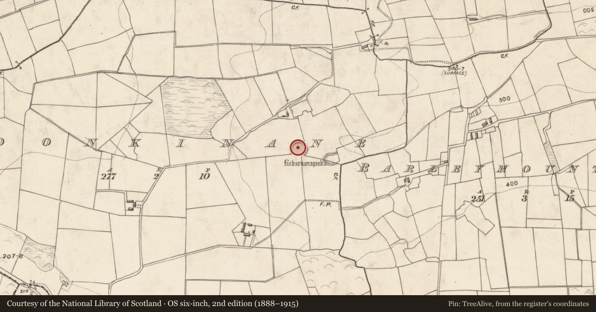 Ordnance Survey six-inch map, 2nd edition (1888–1915) covering the location of Ringfort - rath, Doonkinane, County Kerry, with a pin at the register's coordinates