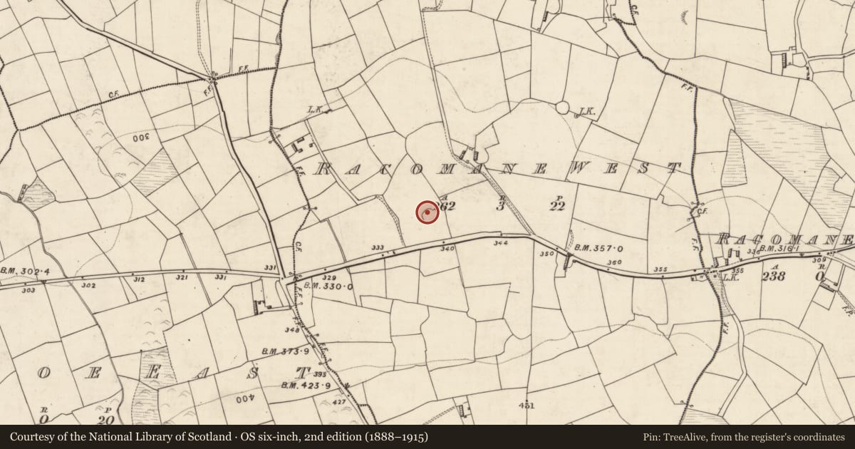 Ordnance Survey six-inch map, 2nd edition (1888–1915) covering the location of Ringfort - rath, Racomane West, County Kerry, with a pin at the register's coordinates