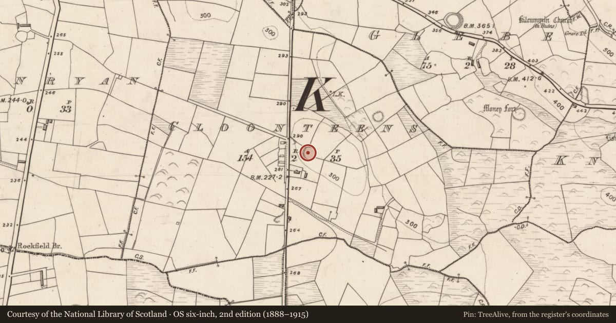 Ordnance Survey six-inch map, 2nd edition (1888–1915) covering the location of Ringfort - rath, Cloonteens, County Kerry, with a pin at the register's coordinates