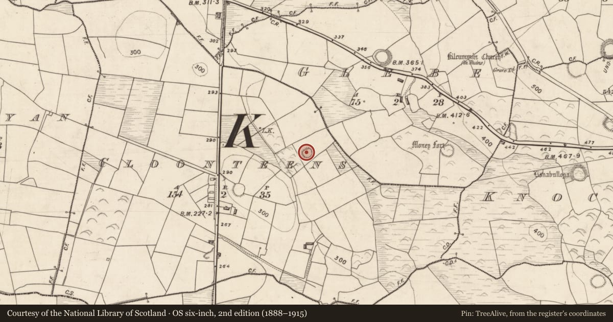 Ordnance Survey six-inch map, 2nd edition (1888–1915) covering the location of Ringfort - rath, Cloonteens, County Kerry, with a pin at the register's coordinates