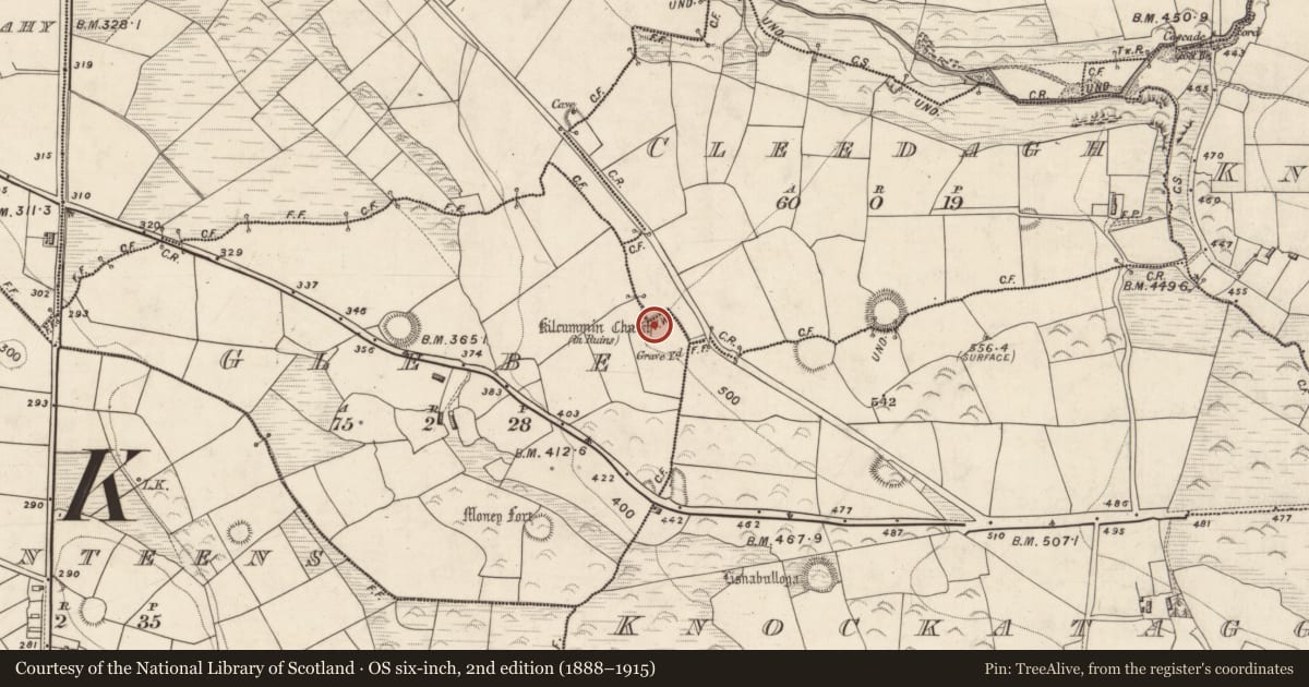 Ordnance Survey six-inch map, 2nd edition (1888–1915) covering the location of Wall monument, Glebe, County Kerry, with a pin at the register's coordinates