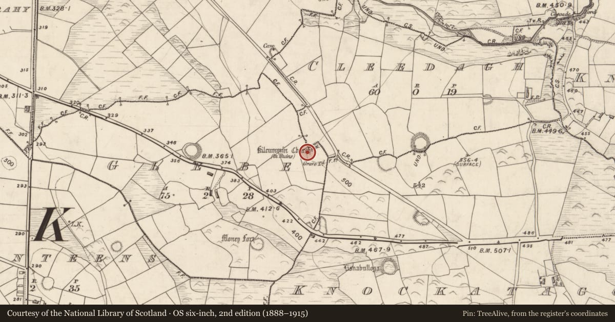 Ordnance Survey six-inch map, 2nd edition (1888–1915) covering the location of Church, Glebe, County Kerry, with a pin at the register's coordinates
