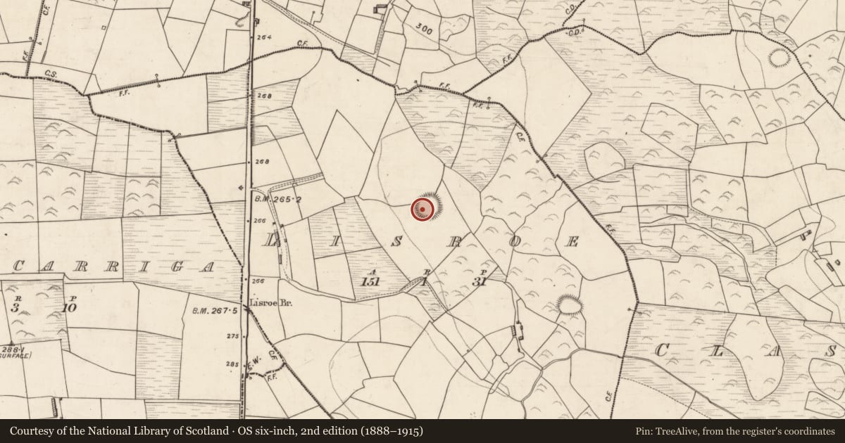 Ordnance Survey six-inch map, 2nd edition (1888–1915) covering the location of Souterrain, Lisroe, County Kerry, with a pin at the register's coordinates
