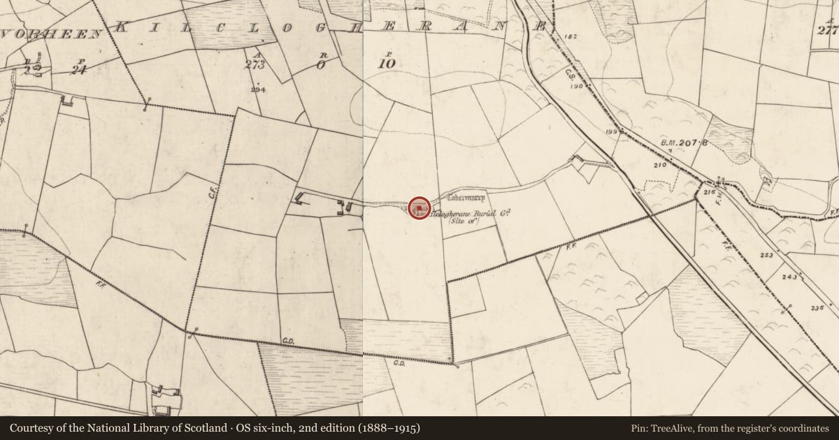 Ordnance Survey six-inch map, 2nd edition (1888–1915) covering the location of Church, Kilclogherane, County Kerry, with a pin at the register's coordinates