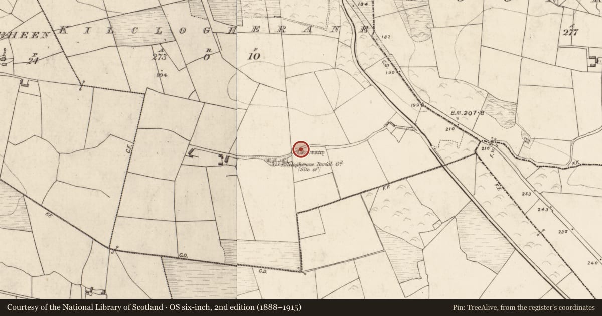 Ordnance Survey six-inch map, 2nd edition (1888–1915) covering the location of Ritual site - holy well, Kilclogherane, County Kerry, with a pin at the register's coordinates