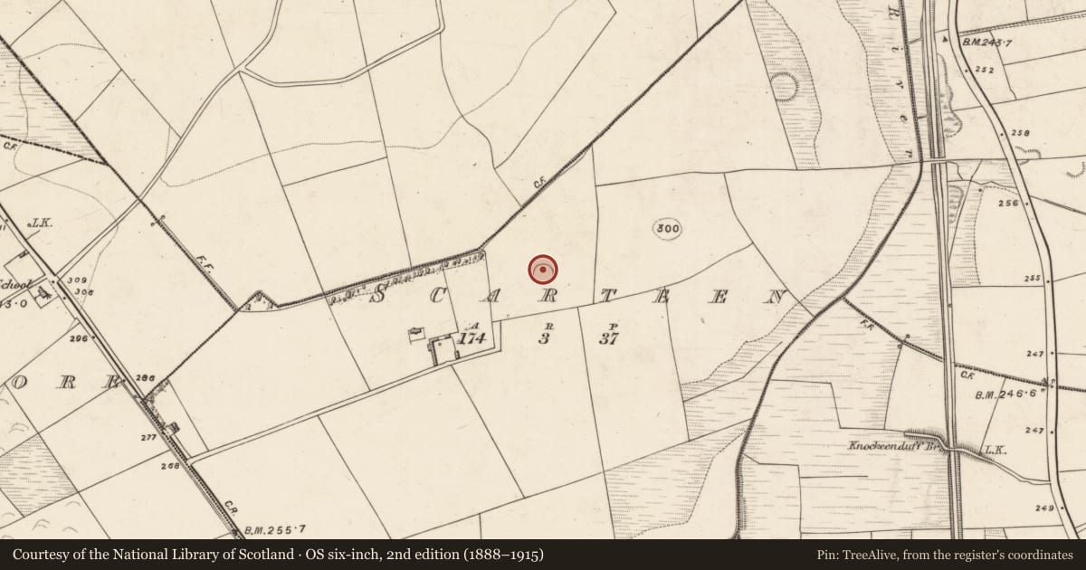 Ordnance Survey six-inch map, 2nd edition (1888–1915) covering the location of Ringfort - rath, Scarteen, County Kerry, with a pin at the register's coordinates