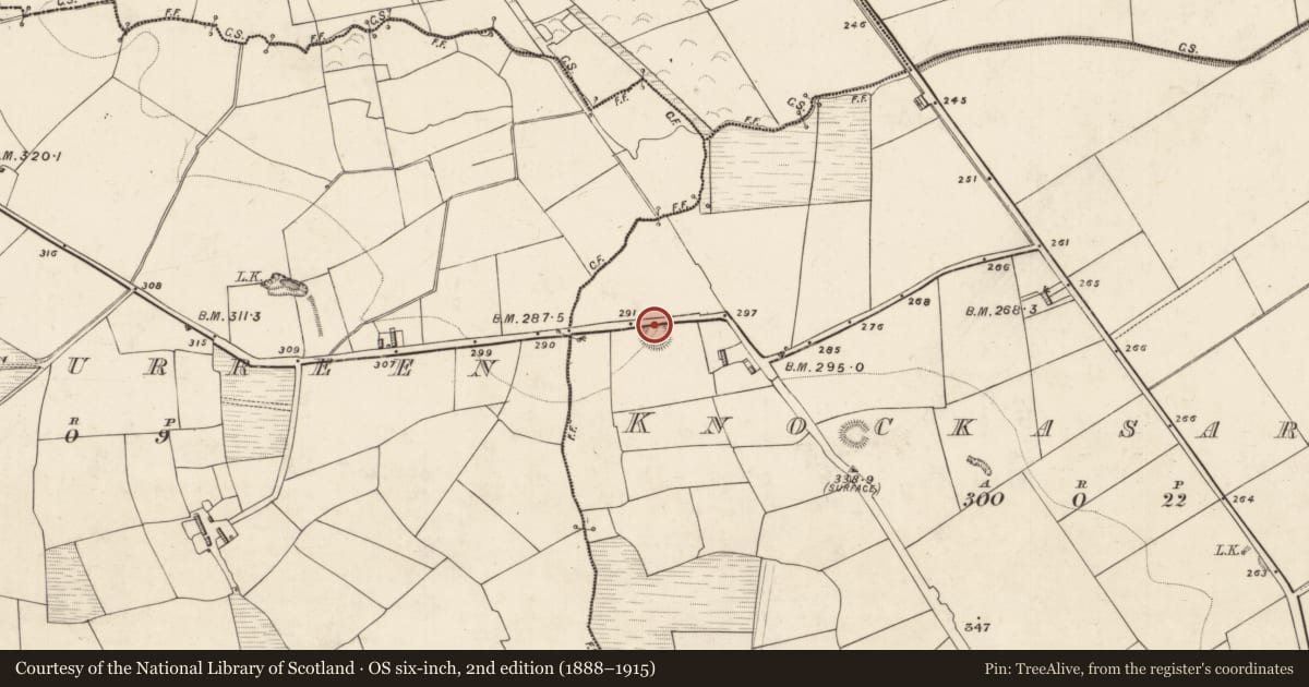 Ordnance Survey six-inch map, 2nd edition (1888–1915) covering the location of Ringfort - rath, Knockasarnet, County Kerry, with a pin at the register's coordinates