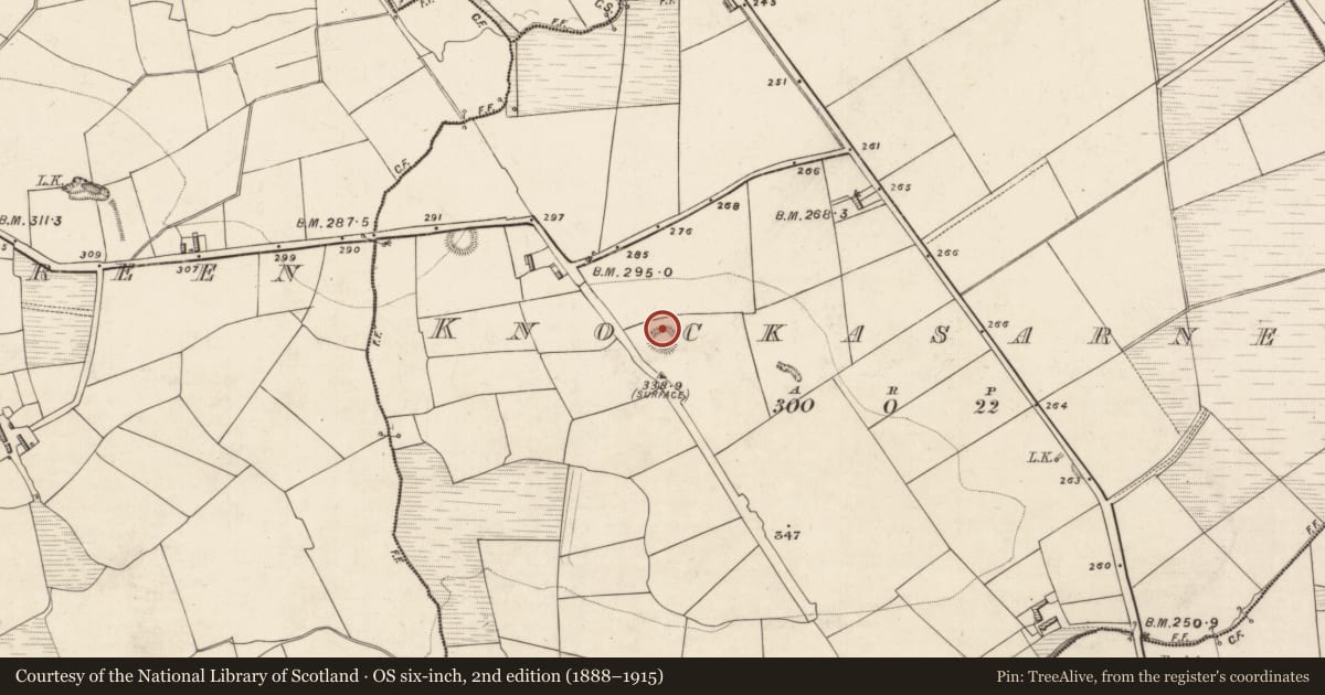 Ordnance Survey six-inch map, 2nd edition (1888–1915) covering the location of Ringfort - rath, Knockasarnet, County Kerry, with a pin at the register's coordinates