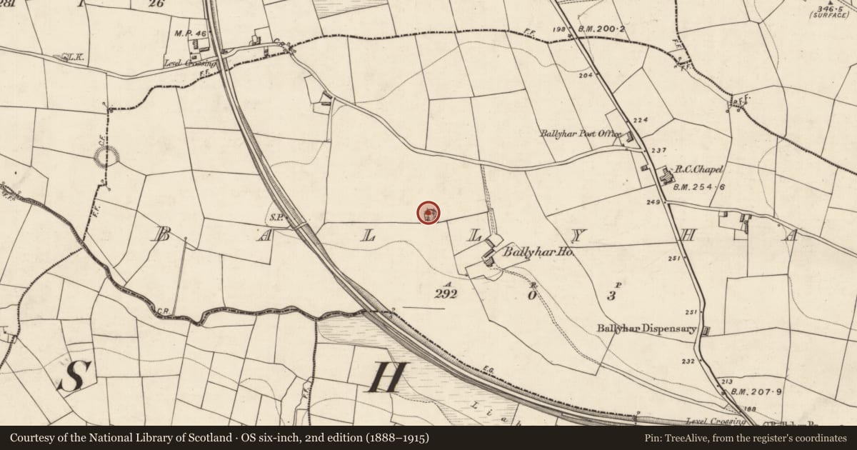 Ordnance Survey six-inch map, 2nd edition (1888–1915) covering the location of Children's burial ground, Ballyhar, County Kerry, with a pin at the register's coordinates