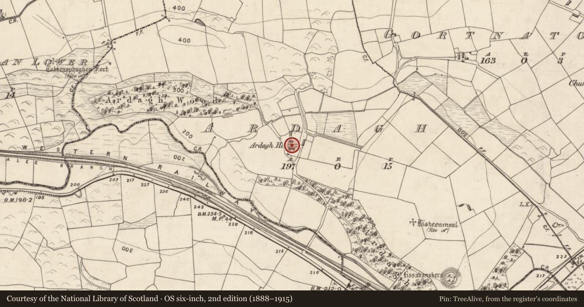 Ordnance Survey six-inch map, 2nd edition (1888–1915) covering the location of House - 16th/17th century, Ardagh, County Kerry, with a pin at the register's coordinates