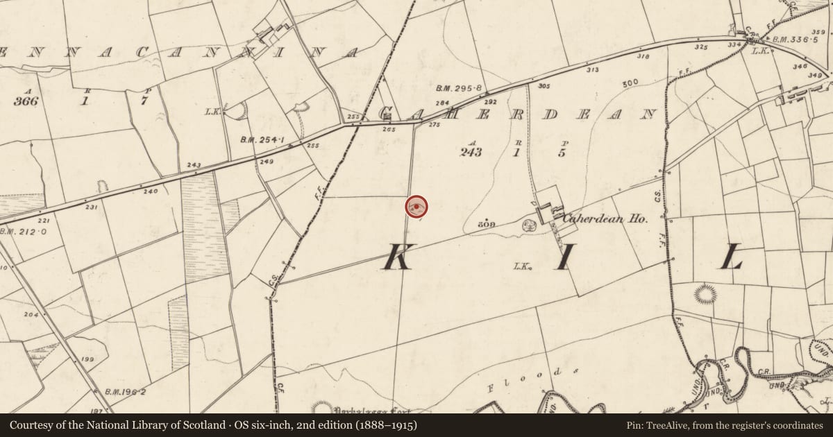 Ordnance Survey six-inch map, 2nd edition (1888–1915) covering the location of Ringfort - rath, Caherdean, County Kerry, with a pin at the register's coordinates