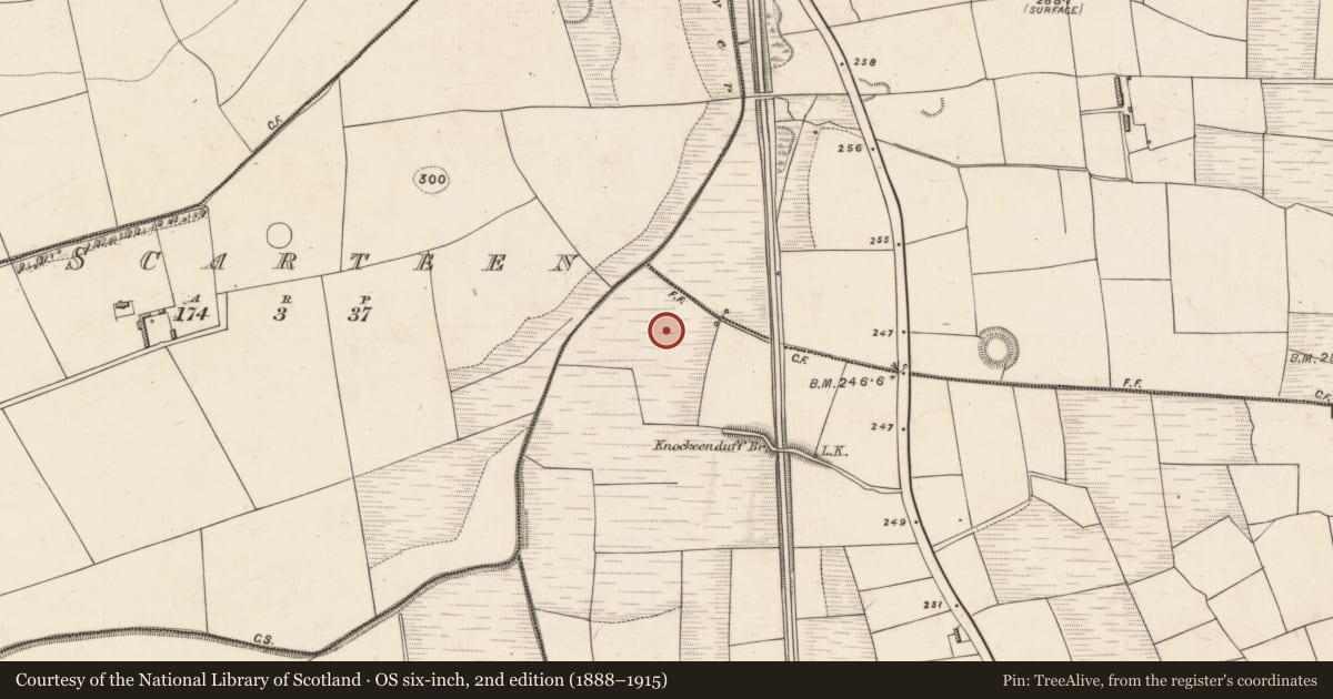 Ordnance Survey six-inch map, 2nd edition (1888–1915) covering the location of Ritual site - holy well, Knockeenduff, County Kerry, with a pin at the register's coordinates
