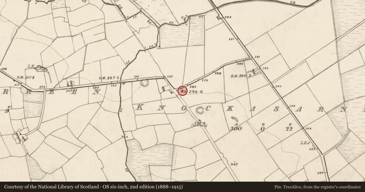 Ordnance Survey six-inch map, 2nd edition (1888–1915) covering the location of Fulacht fia, Knockasarnet, County Kerry, with a pin at the register's coordinates