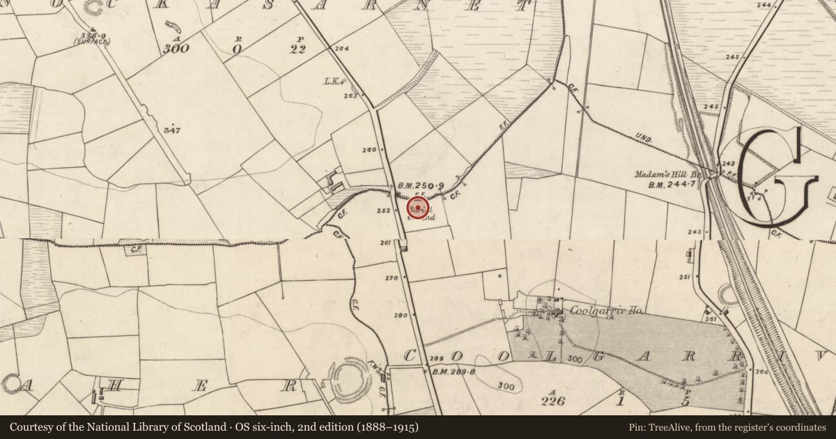 Ordnance Survey six-inch map, 2nd edition (1888–1915) covering the location of Burial ground, Coolgarriv, County Kerry, with a pin at the register's coordinates