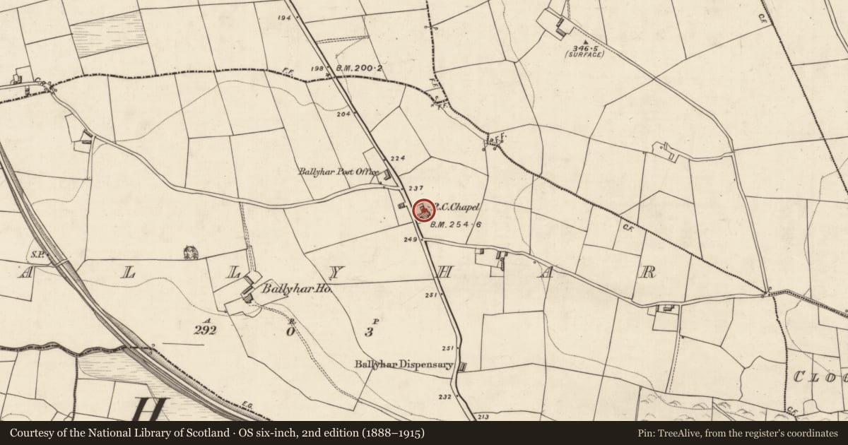 Ordnance Survey six-inch map, 2nd edition (1888–1915) covering the location of Church, Ballyhar, County Kerry, with a pin at the register's coordinates