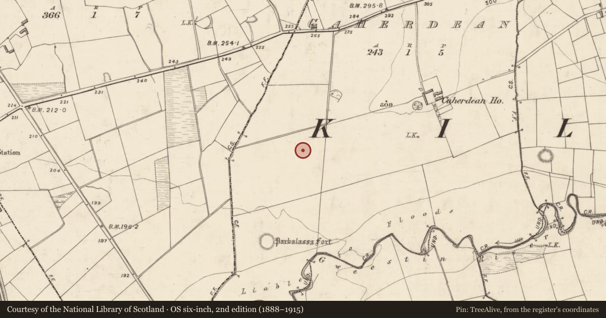 Ordnance Survey six-inch map, 2nd edition (1888–1915) covering the location of Enclosure, Caherdean, County Kerry, with a pin at the register's coordinates