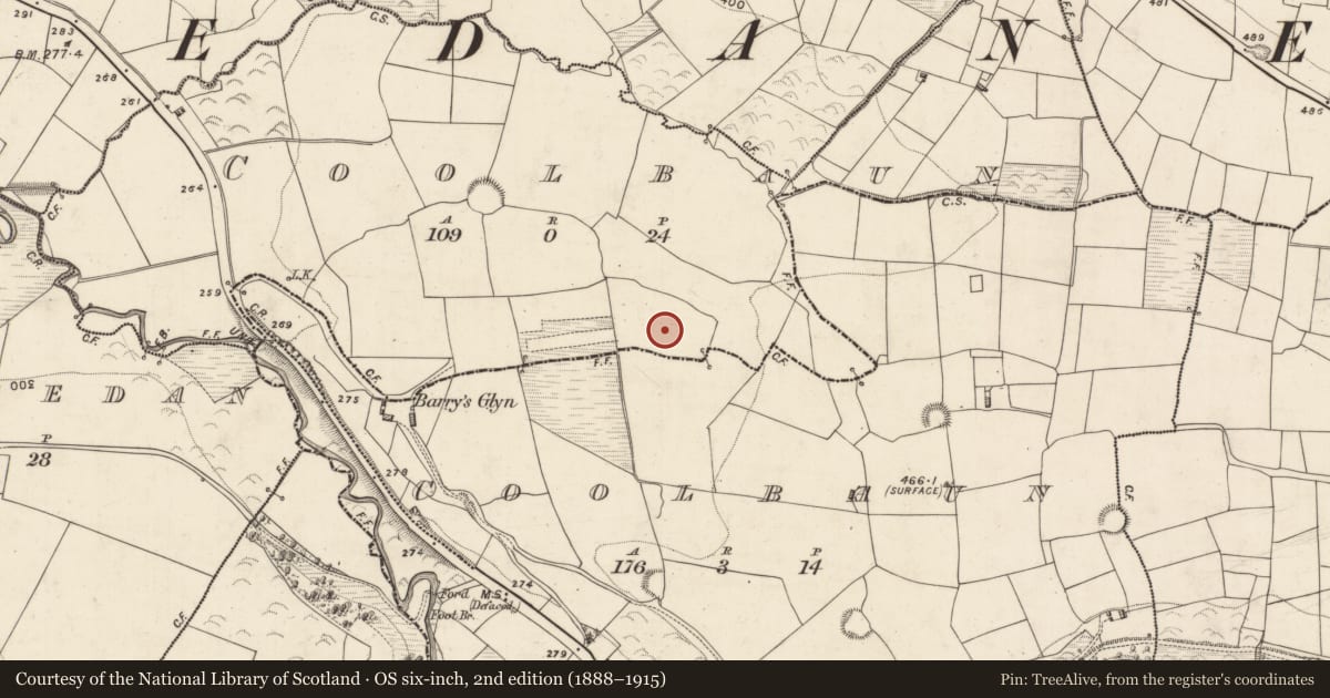 Ordnance Survey six-inch map, 2nd edition (1888–1915) covering the location of Enclosure, Coolbaun (Magunihy By., Kilcredane Par.), County Kerry, with a pin at the register's coordinates