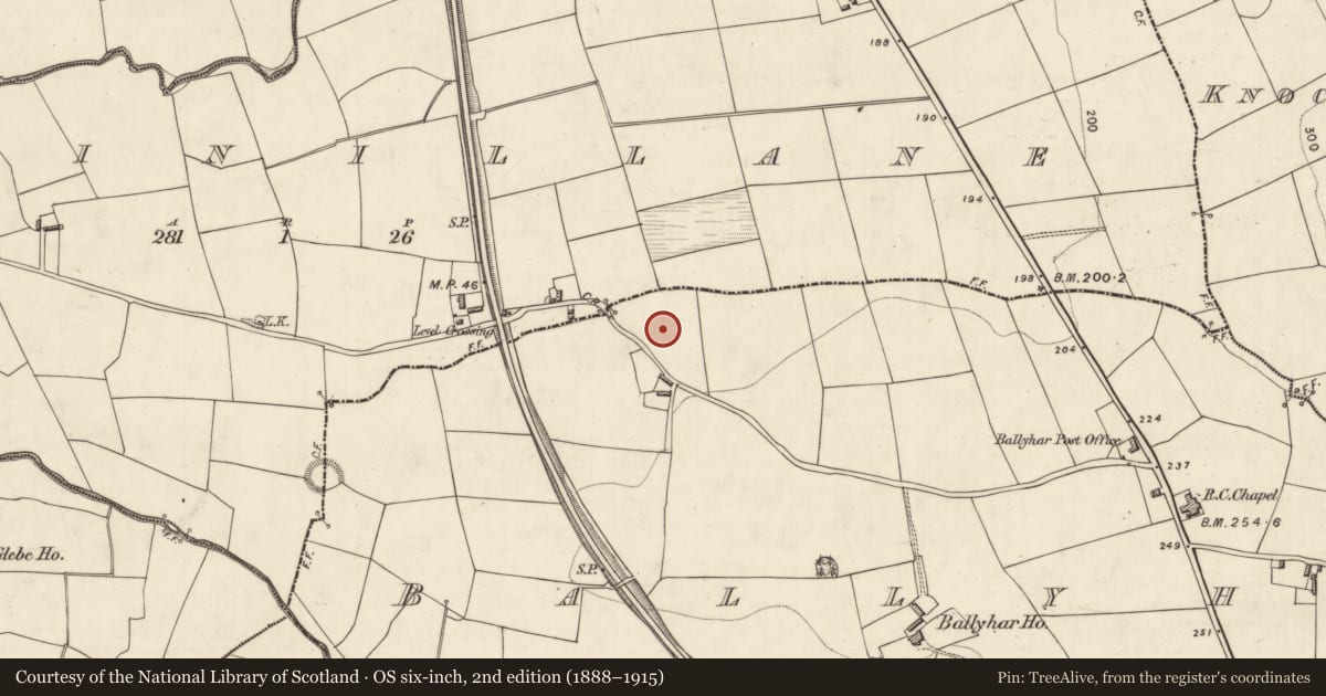 Ordnance Survey six-inch map, 2nd edition (1888–1915) covering the location of Enclosure, Ballyhar, County Kerry, with a pin at the register's coordinates
