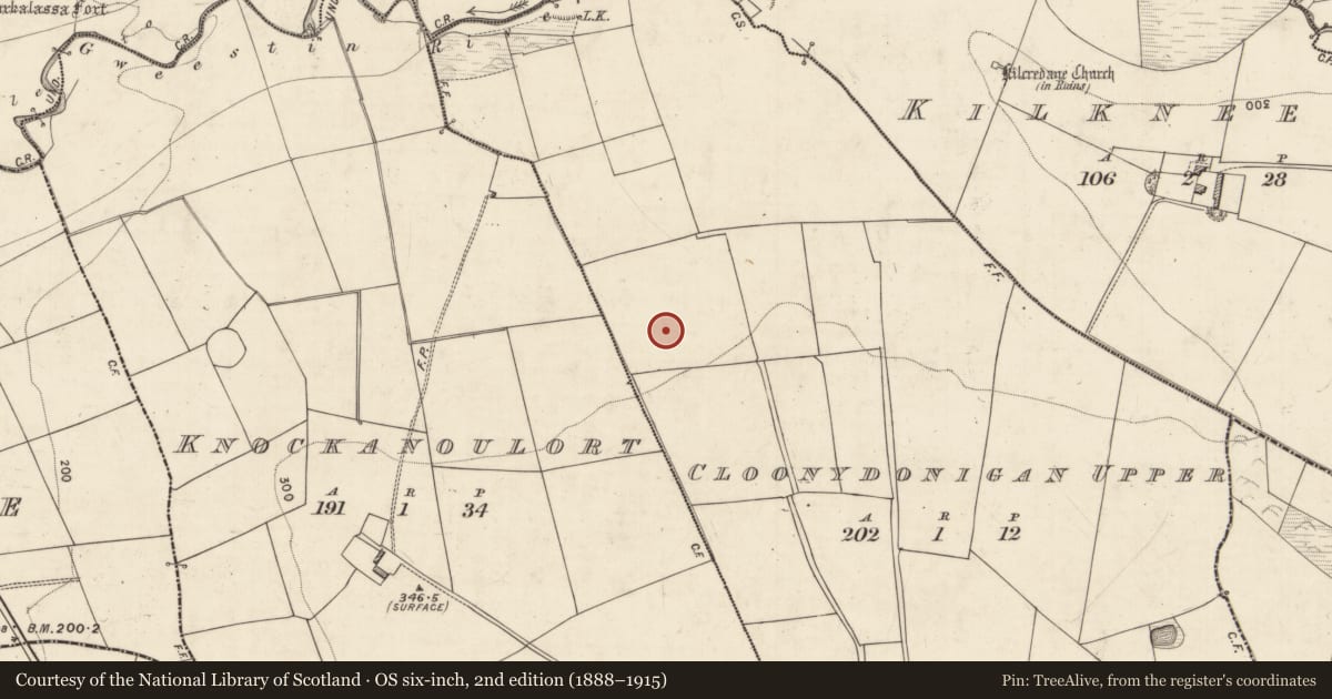 Ordnance Survey six-inch map, 2nd edition (1888–1915) covering the location of Fulacht fia, Cloonydonigan Upper, County Kerry, with a pin at the register's coordinates