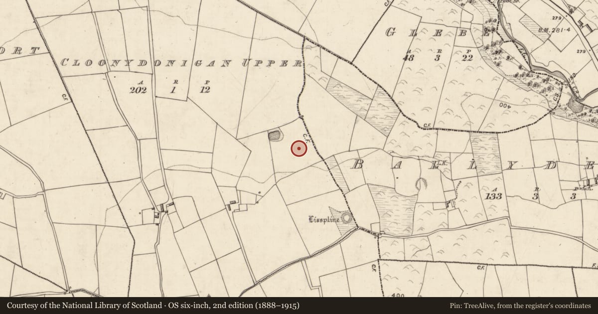 Ordnance Survey six-inch map, 2nd edition (1888–1915) covering the location of Enclosure, Cloonydonigan Upper, County Kerry, with a pin at the register's coordinates