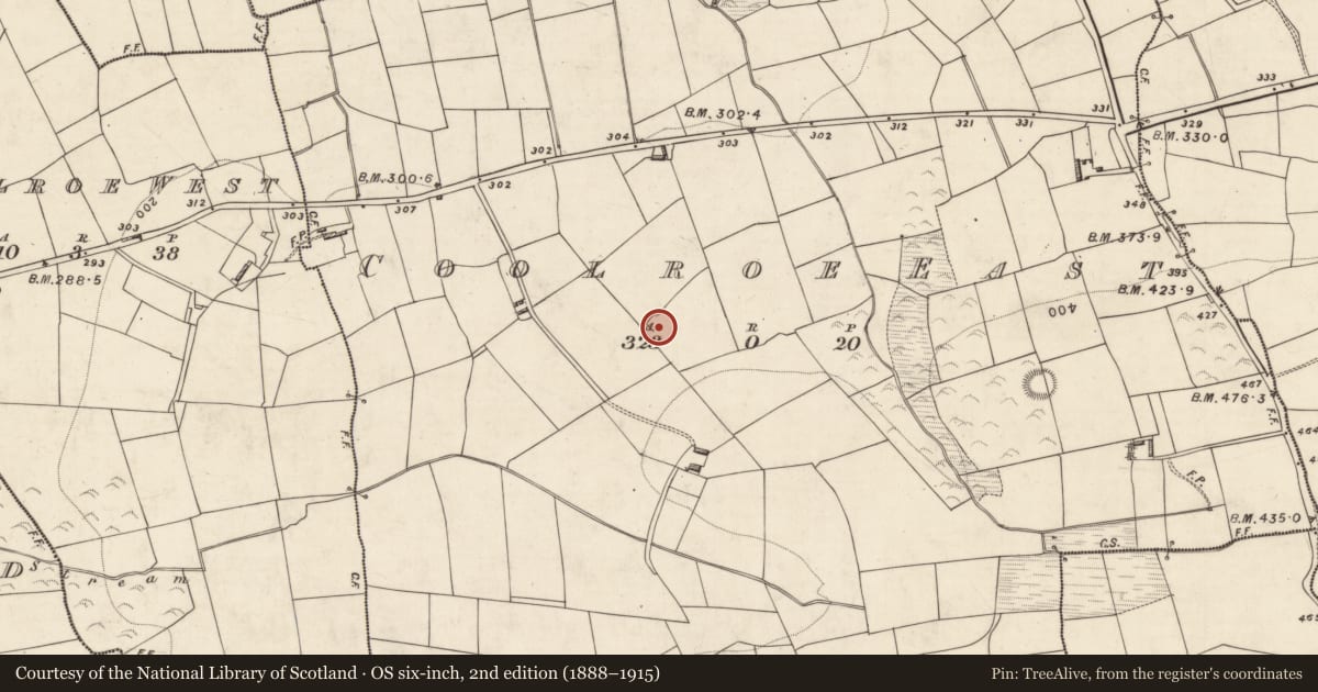 Ordnance Survey six-inch map, 2nd edition (1888–1915) covering the location of Enclosure, Coolroe East, County Kerry, with a pin at the register's coordinates