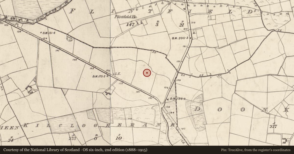 Ordnance Survey six-inch map, 2nd edition (1888–1915) covering the location of Enclosure, Kilclogherane, County Kerry, with a pin at the register's coordinates