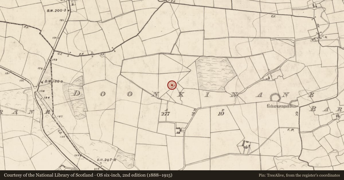 Ordnance Survey six-inch map, 2nd edition (1888–1915) covering the location of Enclosure, Doonkinane, County Kerry, with a pin at the register's coordinates