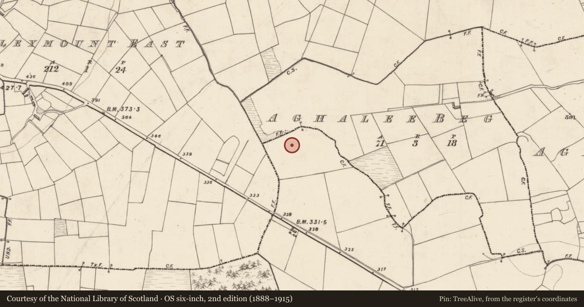 Ordnance Survey six-inch map, 2nd edition (1888–1915) covering the location of Earthwork, Aghacurreen, County Kerry, with a pin at the register's coordinates