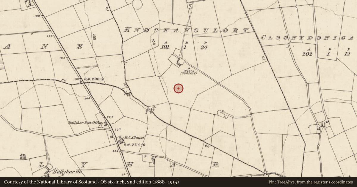Ordnance Survey six-inch map, 2nd edition (1888–1915) covering the location of Mass-rock, Knockanoulort, County Kerry, with a pin at the register's coordinates