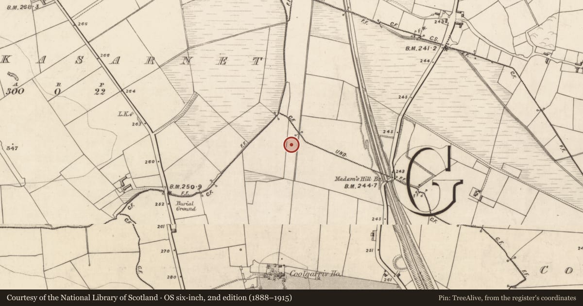 Ordnance Survey six-inch map, 2nd edition (1888–1915) covering the location of Burnt mound, Coolgarriv, County Kerry, with a pin at the register's coordinates