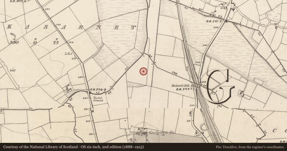 Ordnance Survey six-inch map, 2nd edition (1888–1915) covering the location of Burnt mound, Coolgarriv, County Kerry, with a pin at the register's coordinates