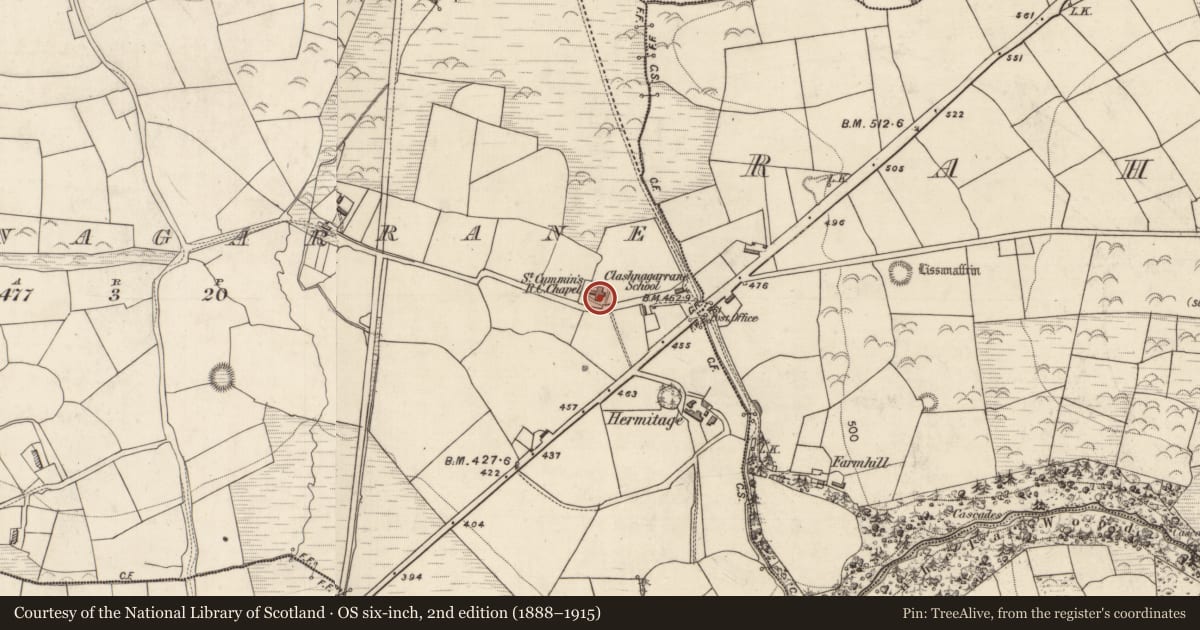 Ordnance Survey six-inch map, 2nd edition (1888–1915) covering the location of Church, Clashnagarrane, County Kerry, with a pin at the register's coordinates