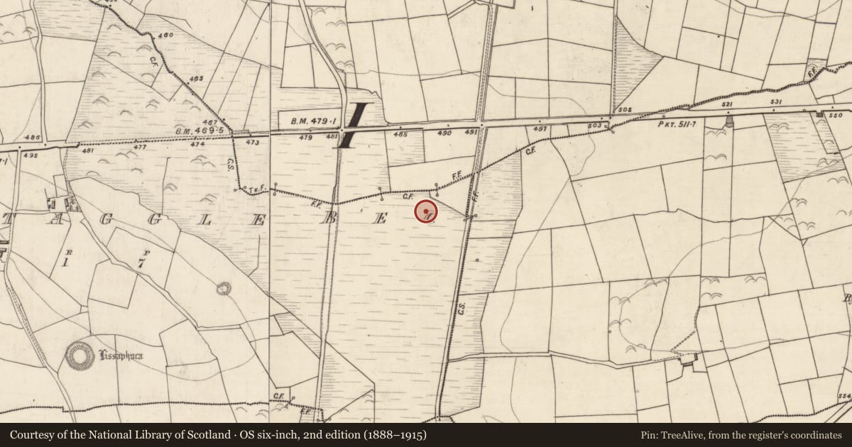 Ordnance Survey six-inch map, 2nd edition (1888–1915) covering the location of Enclosure, Knockataggle Beg, County Kerry, with a pin at the register's coordinates