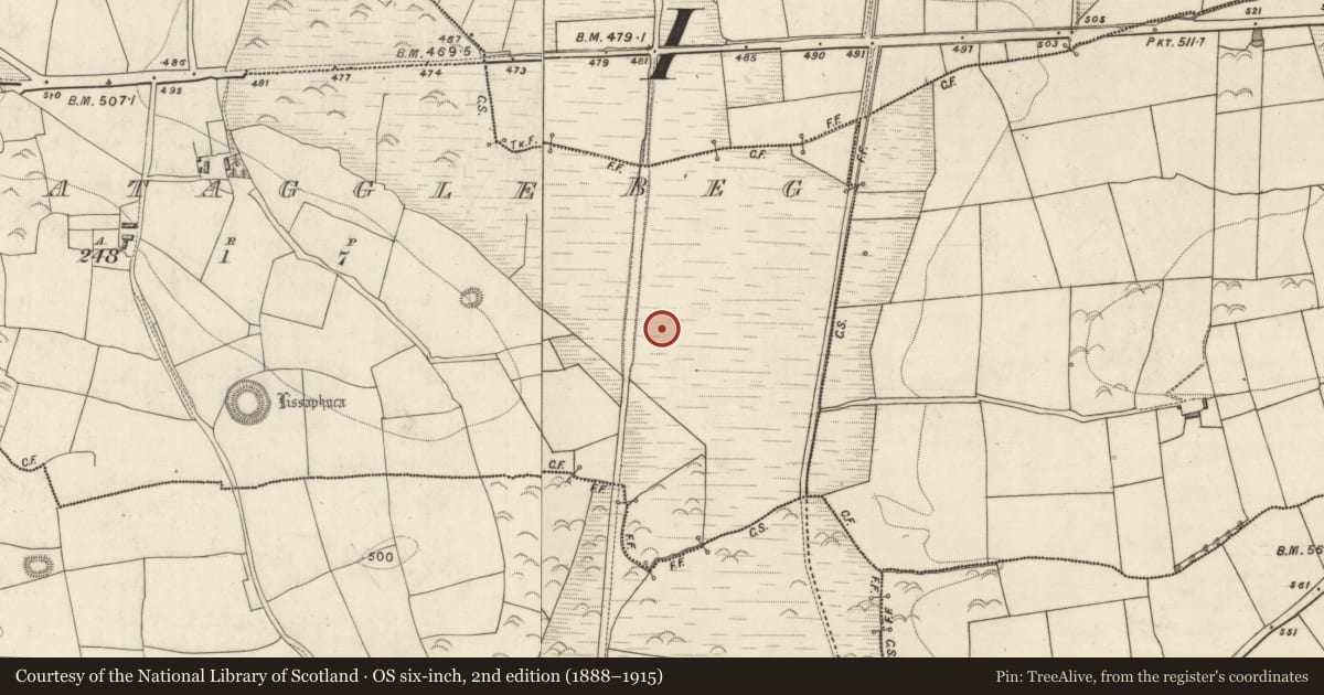 Ordnance Survey six-inch map, 2nd edition (1888–1915) covering the location of Earthwork, Knockataggle Beg, County Kerry, with a pin at the register's coordinates