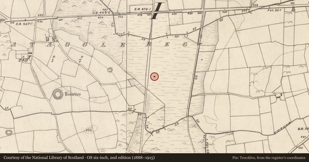 Ordnance Survey six-inch map, 2nd edition (1888–1915) covering the location of Enclosure, Knockataggle Beg, County Kerry, with a pin at the register's coordinates