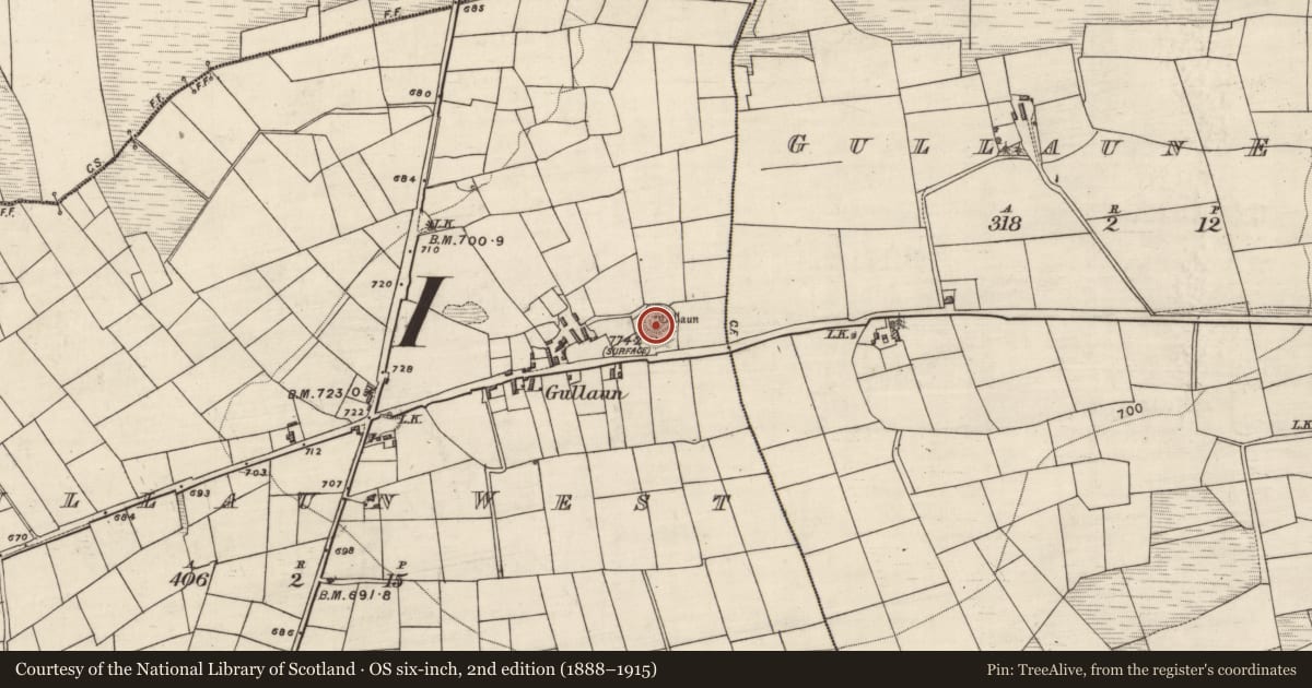 Ordnance Survey six-inch map, 2nd edition (1888–1915) covering the location of Barrow - ring-barrow, Gullaun West, County Kerry, with a pin at the register's coordinates