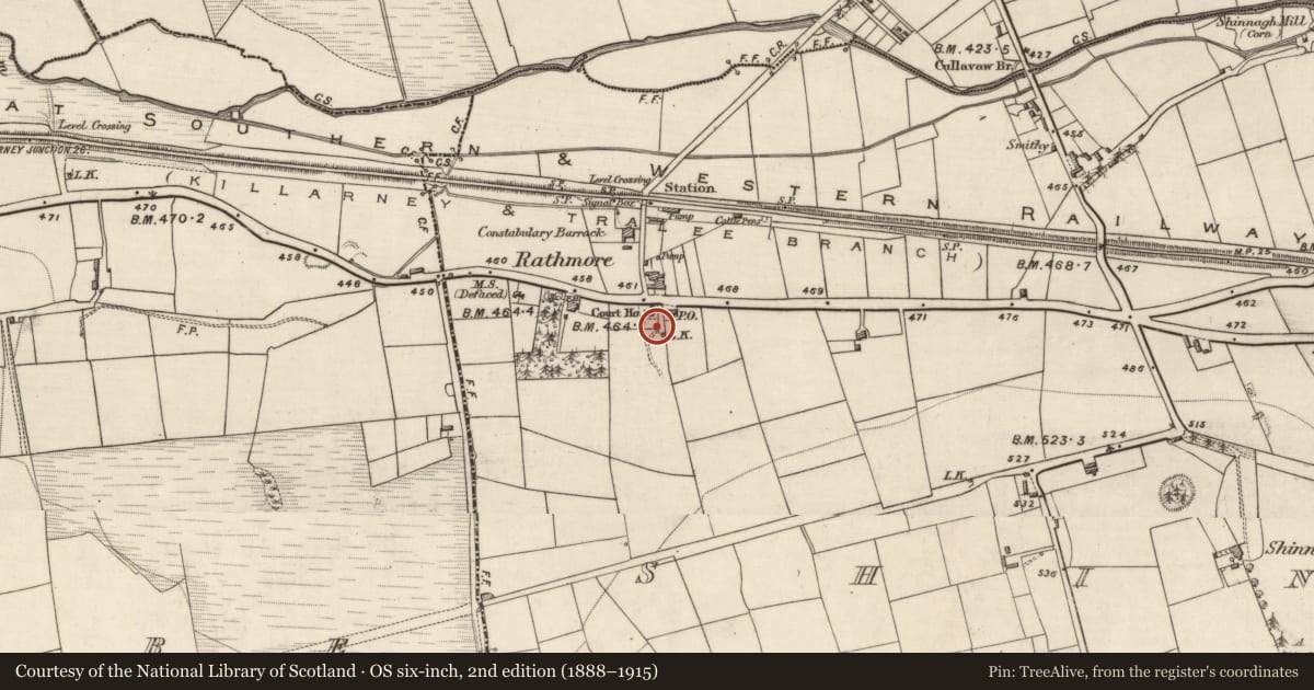 Ordnance Survey six-inch map, 2nd edition (1888–1915) covering the location of Kiln - lime, Shinnagh, County Kerry, with a pin at the register's coordinates