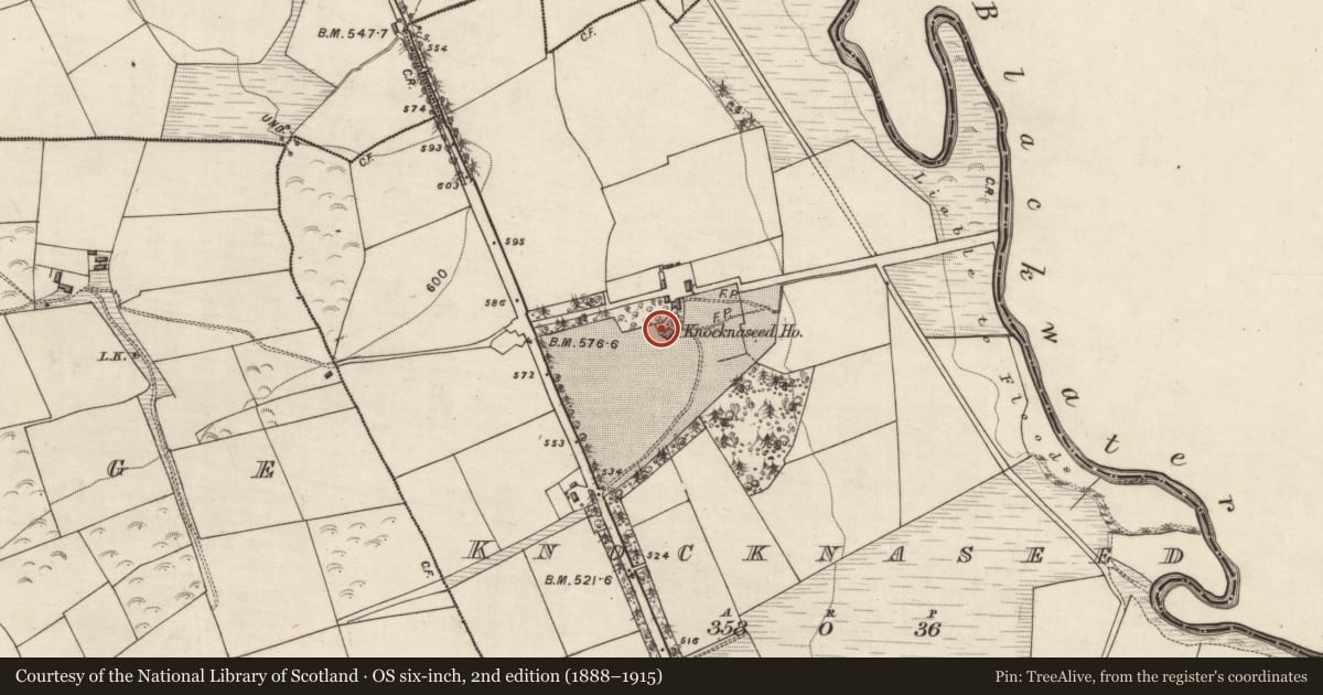 Ordnance Survey six-inch map, 2nd edition (1888–1915) covering the location of Country house, Knocknaseed, County Kerry, with a pin at the register's coordinates