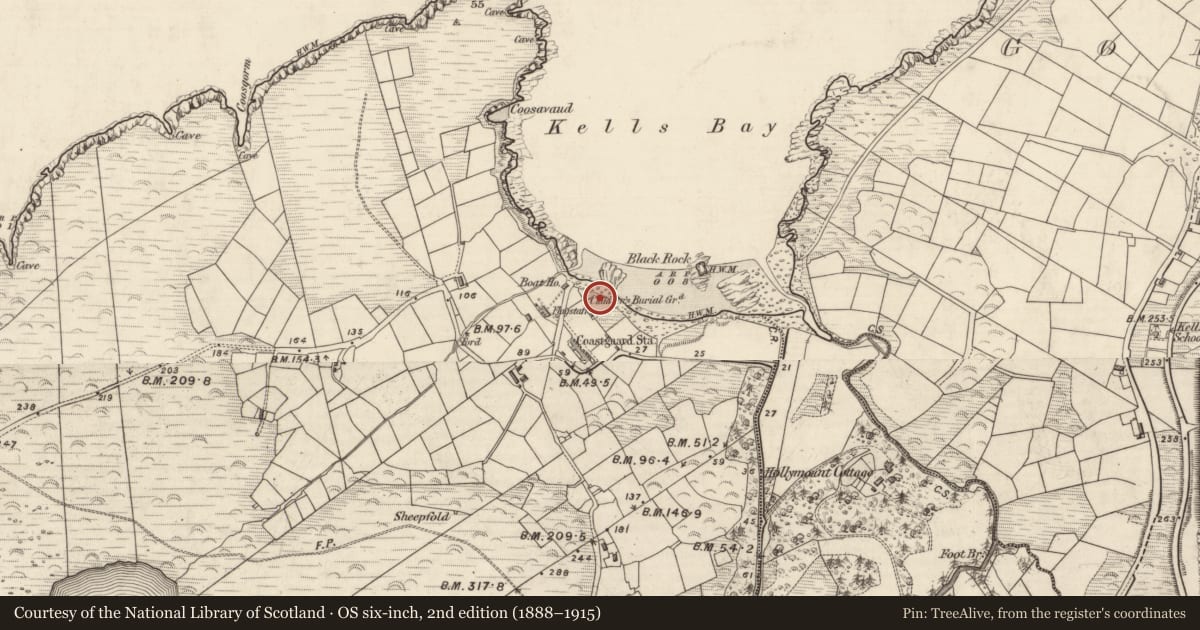 Ordnance Survey six-inch map, 2nd edition (1888–1915) covering the location of Children's burial ground, Kells, County Kerry, with a pin at the register's coordinates