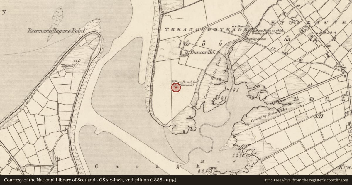 Ordnance Survey six-inch map, 2nd edition (1888–1915) covering the location of Children's burial ground, Treanoughtragh, County Kerry, with a pin at the register's coordinates
