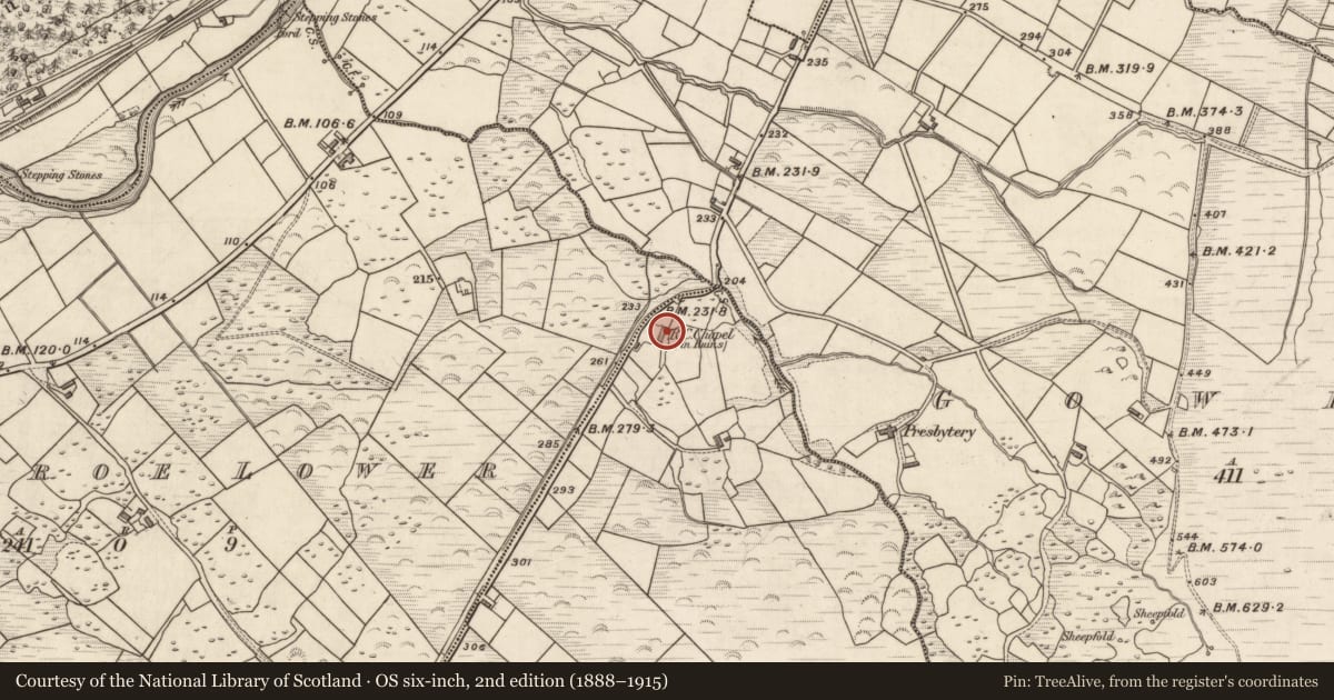 Ordnance Survey six-inch map, 2nd edition (1888–1915) covering the location of Church, Coolroe Upper, County Kerry, with a pin at the register's coordinates