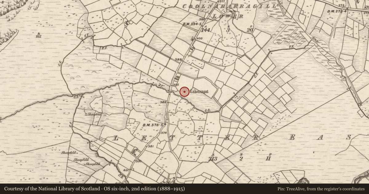 Ordnance Survey six-inch map, 2nd edition (1888–1915) covering the location of Souterrain, Coolnaharragill Lower, County Kerry, with a pin at the register's coordinates