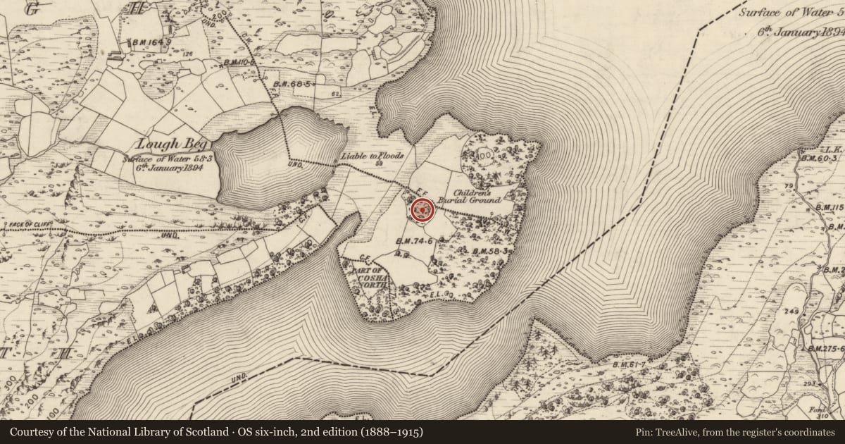 Ordnance Survey six-inch map, 2nd edition (1888–1915) covering the location of Children's burial ground, Treanmanagh, County Kerry, with a pin at the register's coordinates