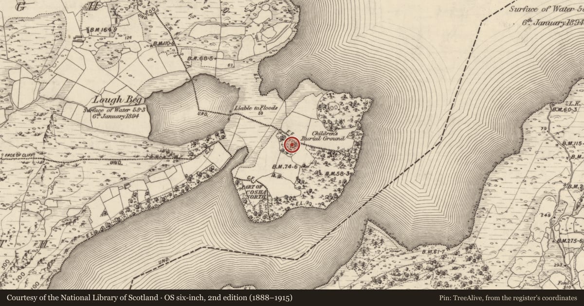 Ordnance Survey six-inch map, 2nd edition (1888–1915) covering the location of Cross-slab, Treanmanagh, County Kerry, with a pin at the register's coordinates