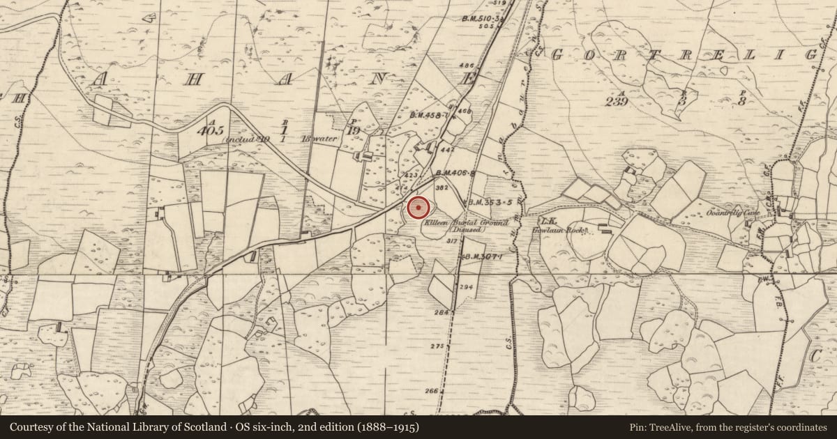 Ordnance Survey six-inch map, 2nd edition (1888–1915) covering the location of Ecclesiastical enclosure, Ahane, County Kerry, with a pin at the register's coordinates