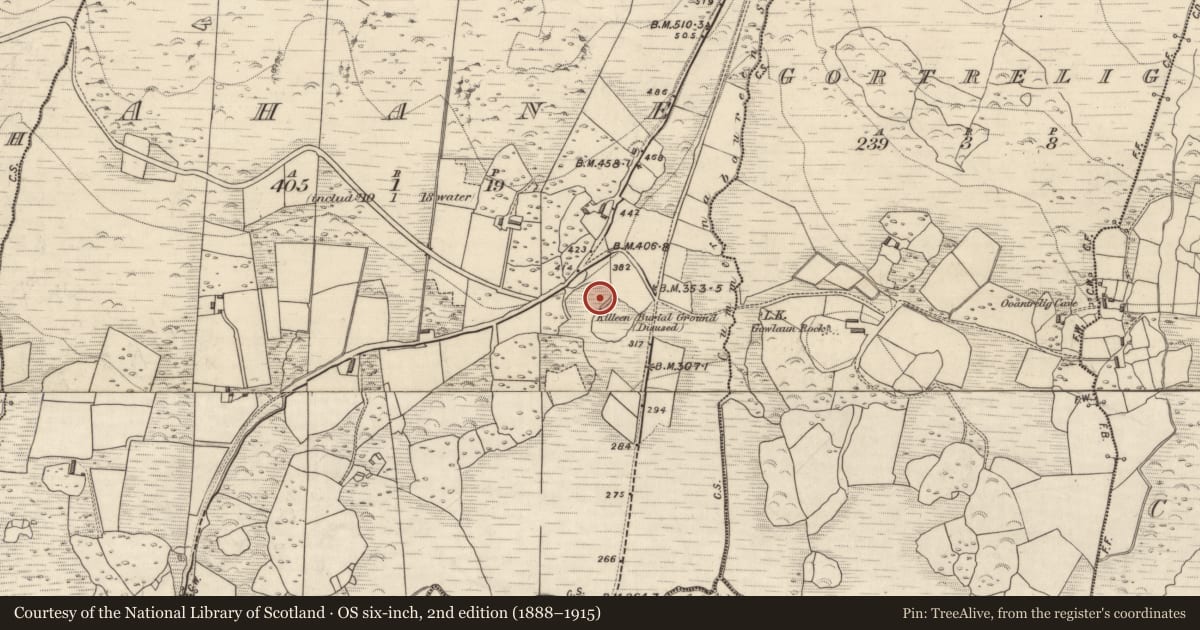 Ordnance Survey six-inch map, 2nd edition (1888–1915) covering the location of Cross-slab, Ahane, County Kerry, with a pin at the register's coordinates